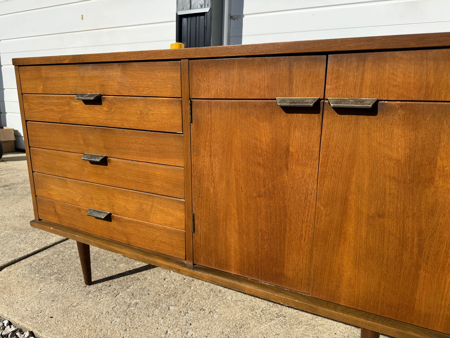 Midcentury Walnut Dining Set – Table, Chairs, Credenza & China Cabinet (Refinished Upon Sale))