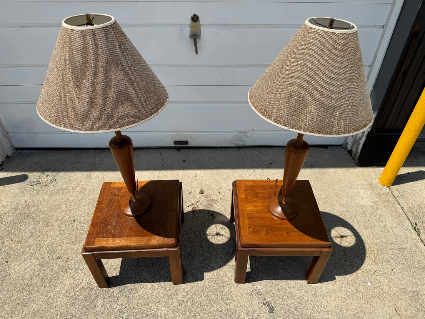 1960s Walnut Lamp Pair with Light Shades – 36” Tall ✨
