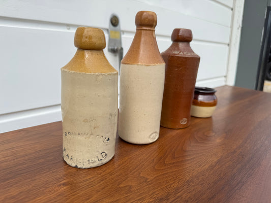 Vintage Clay Beer & Medicine Bottle Collection β Three Bottles + One Bowl πΊβ¨