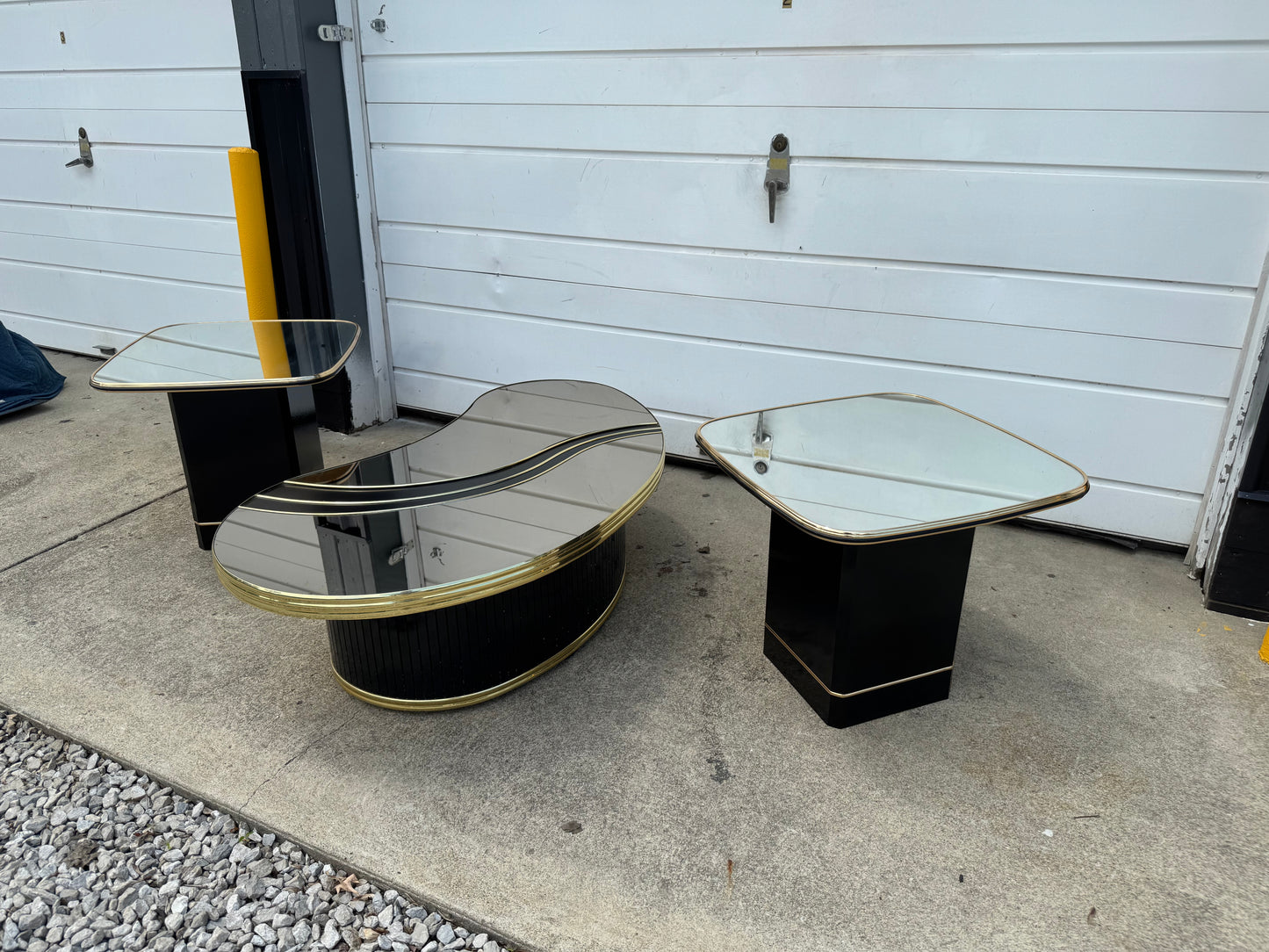 Retro Black & Gold Coffee Table with Mirror Top + Pair of Matching End Tables ✨
