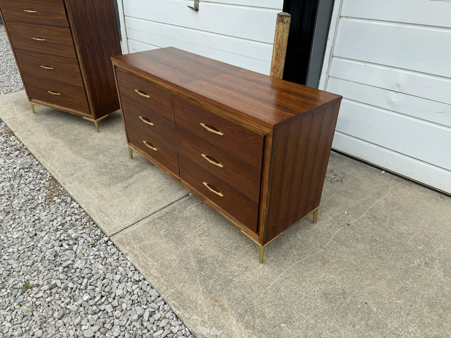 Midcentury Dresser Set - Six-Drawer Dresser and Highboy - Warm Amber Walnut Tone with Gold Legs and Hardware - Ohio Vintage