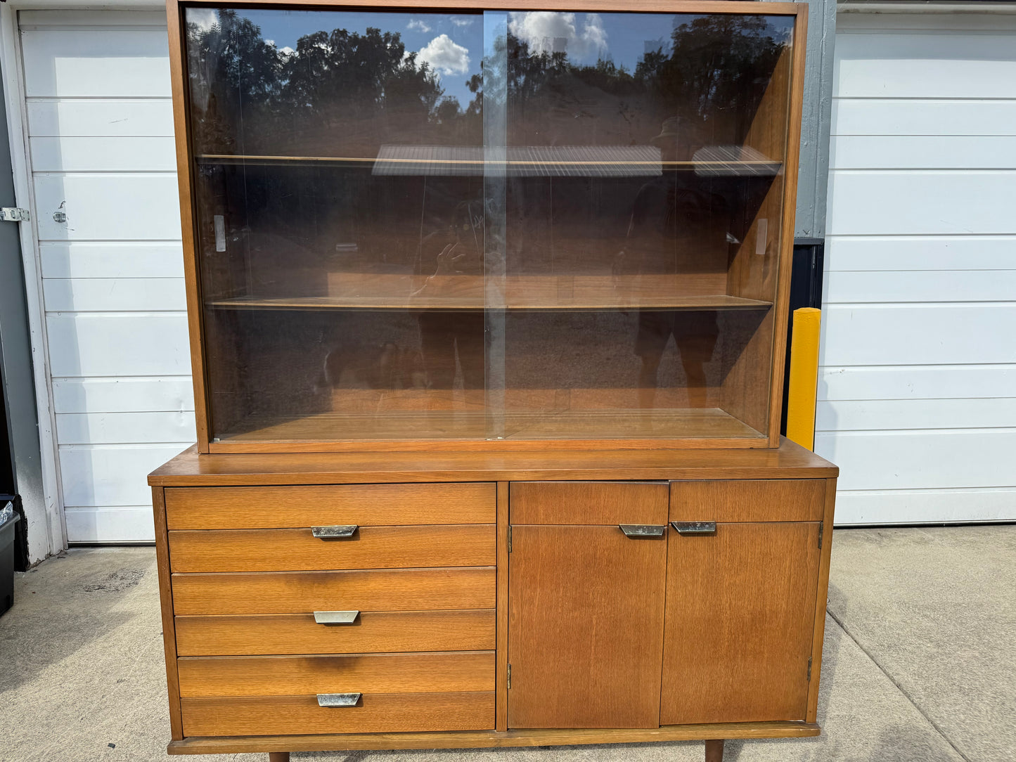 Midcentury Walnut Dining Set – Table, Chairs, Credenza & China Cabinet (Refinished Upon Sale))