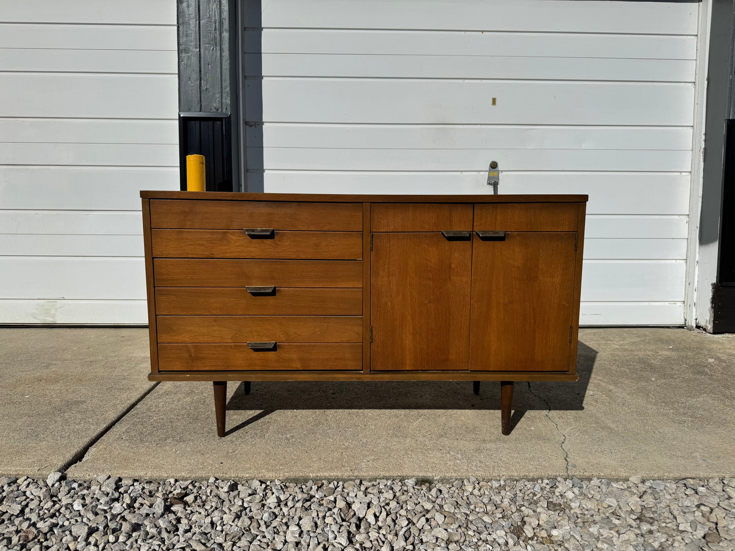 Midcentury Walnut Dining Set – Table, Chairs, Credenza & China Cabinet (Refinished Upon Sale))