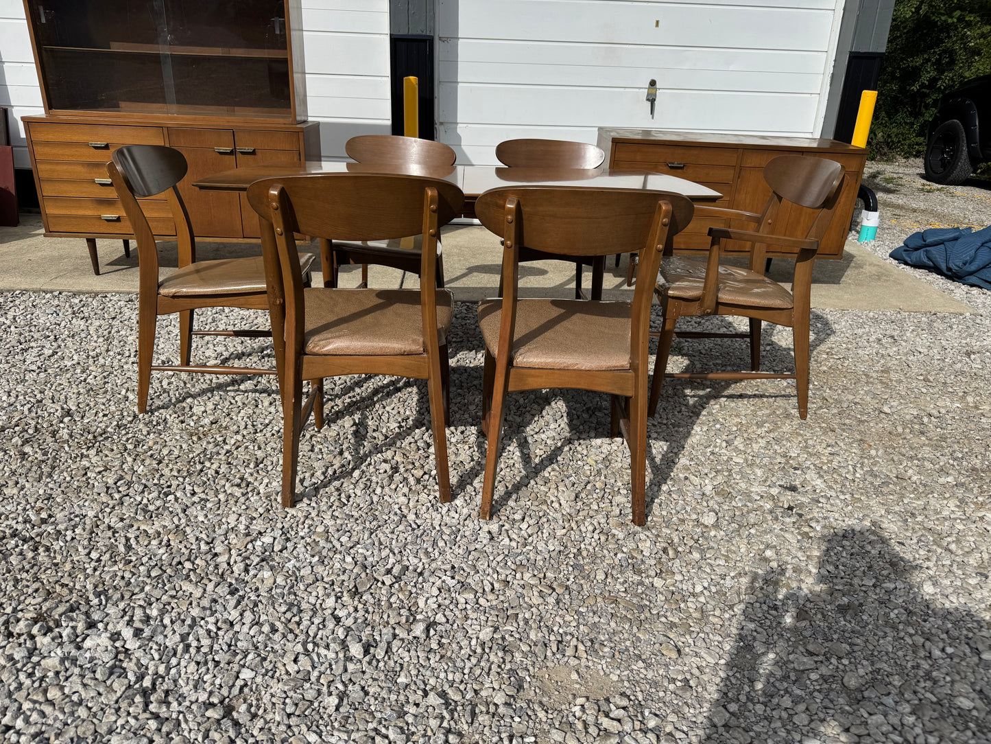 Midcentury Walnut Dining Set – Table, Chairs, Credenza & China Cabinet (Refinished Upon Sale))