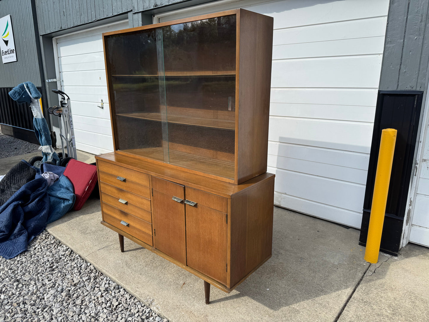 Midcentury Walnut Dining Set – Table, Chairs, Credenza & China Cabinet (Refinished Upon Sale))