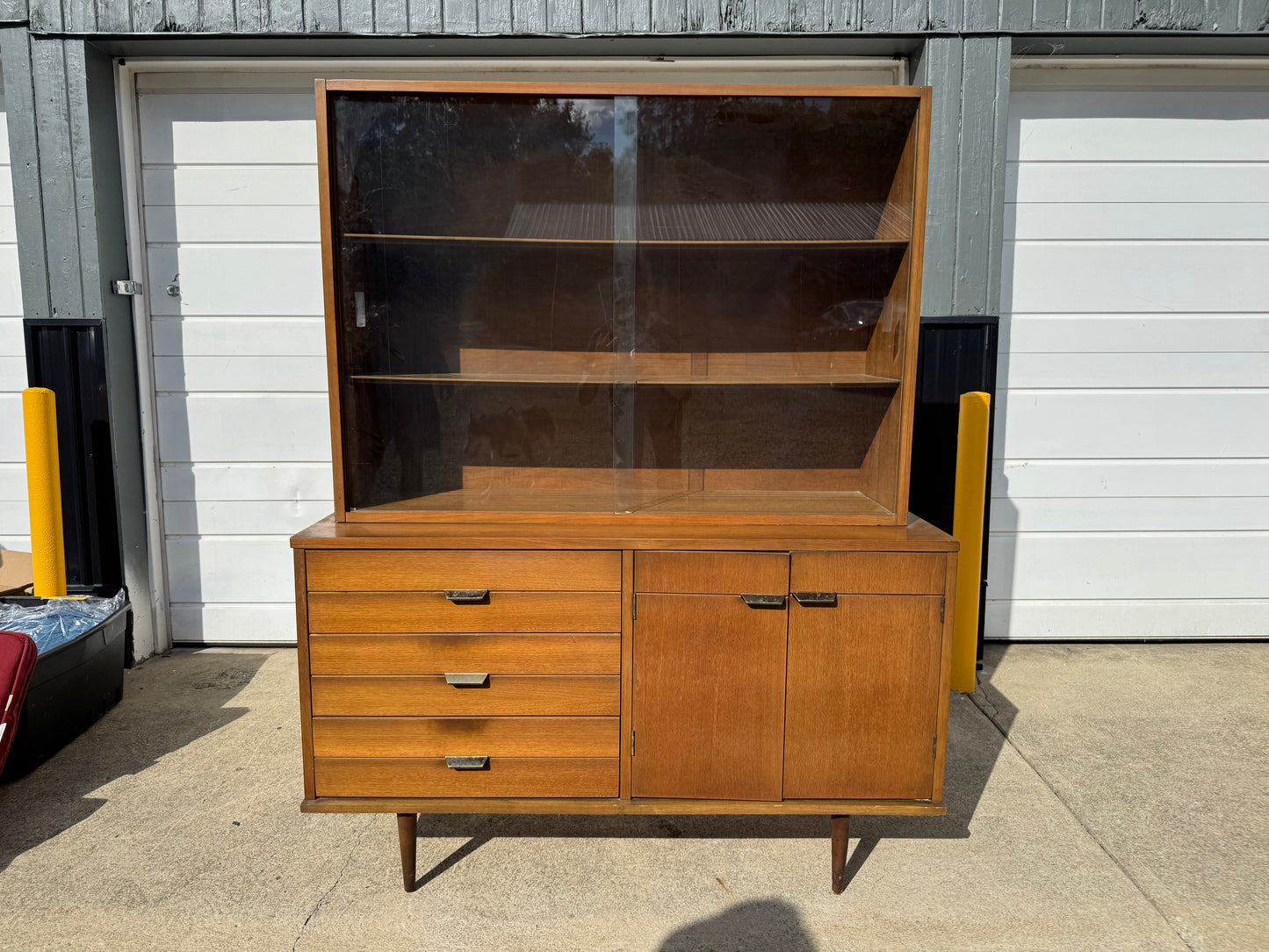 Midcentury Walnut Dining Set – Table, Chairs, Credenza & China Cabinet (Refinished Upon Sale))