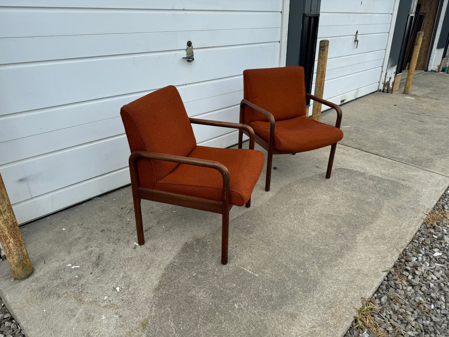 Midcentury Modern Walnut Chairs by Dependable Furniture Mfg. - Retro Orange Upholstery