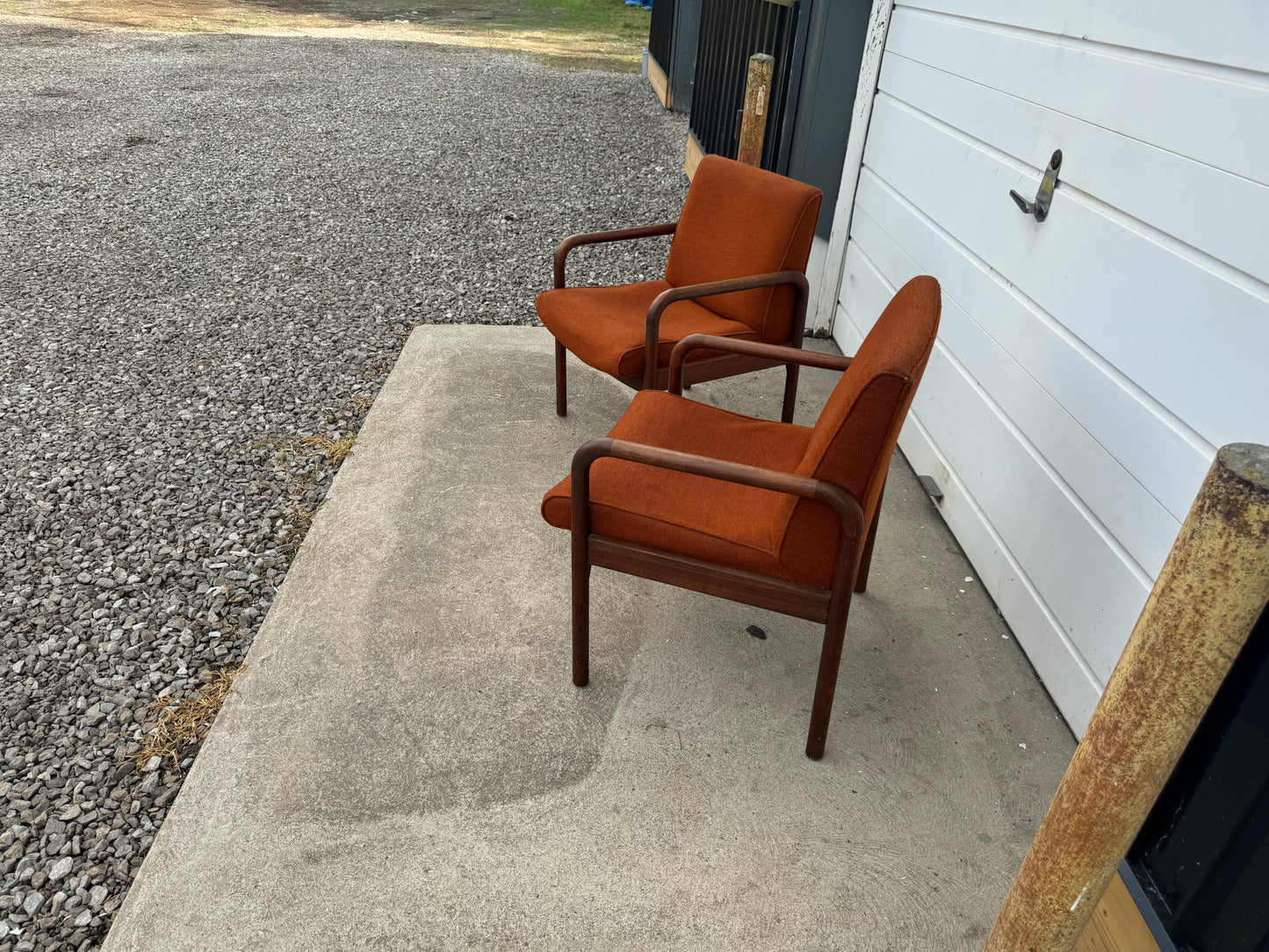 Midcentury Modern Walnut Chairs by Dependable Furniture Mfg. - Retro Orange Upholstery