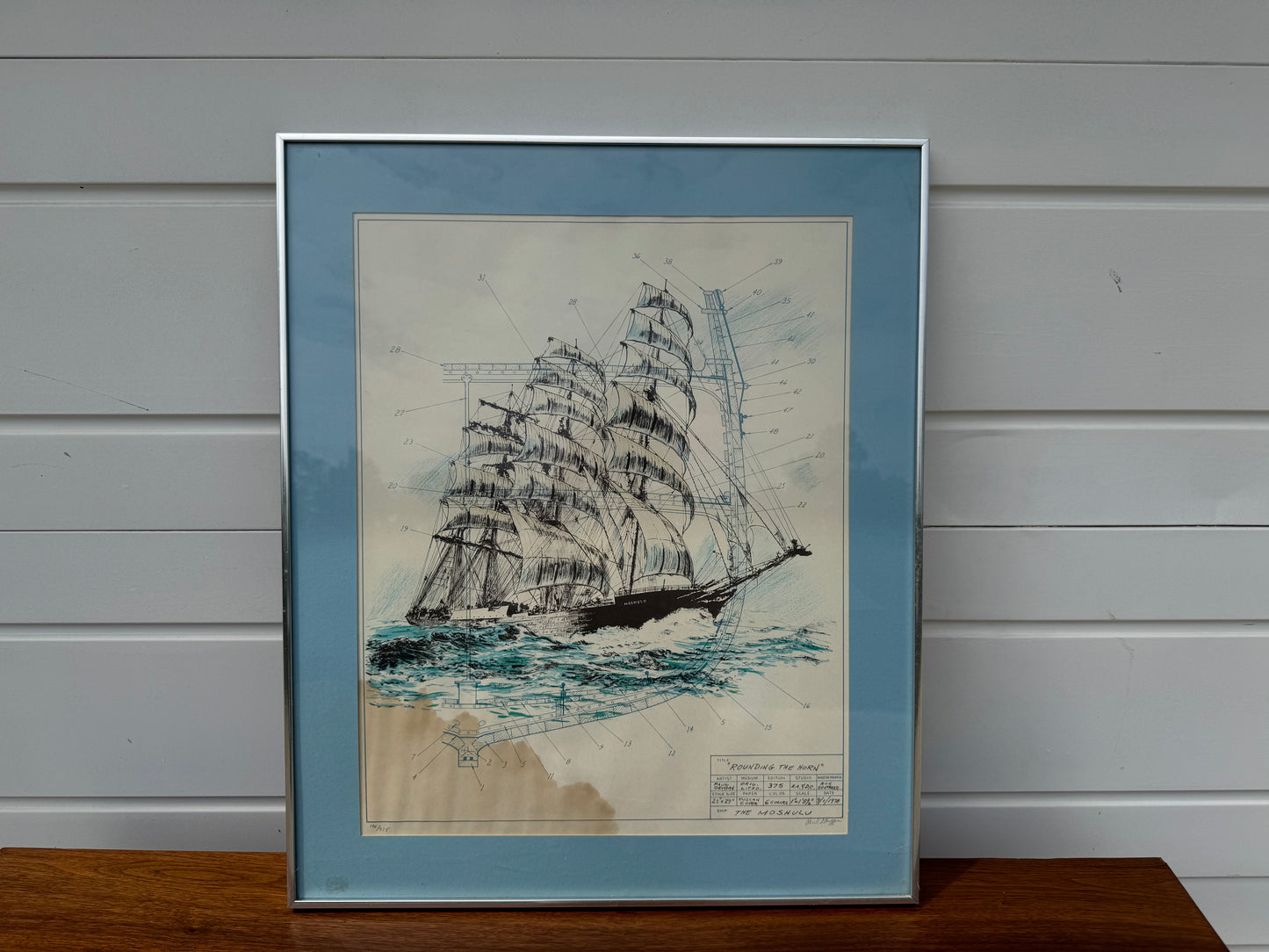 Framed Ship Artwork with Blueprint Detailing (32” x 27.5”)