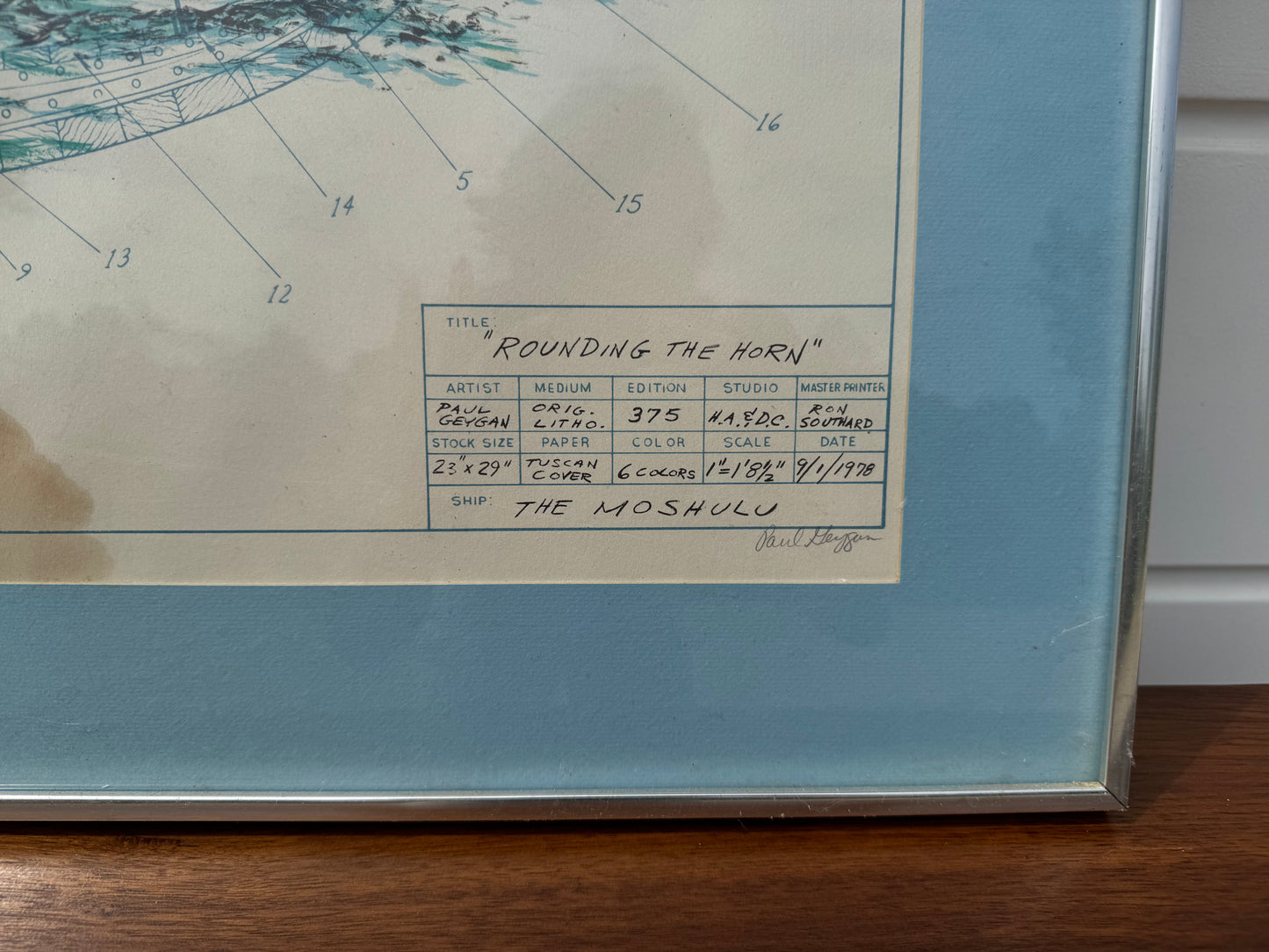 Framed Ship Artwork with Blueprint Detailing (32” x 27.5”)