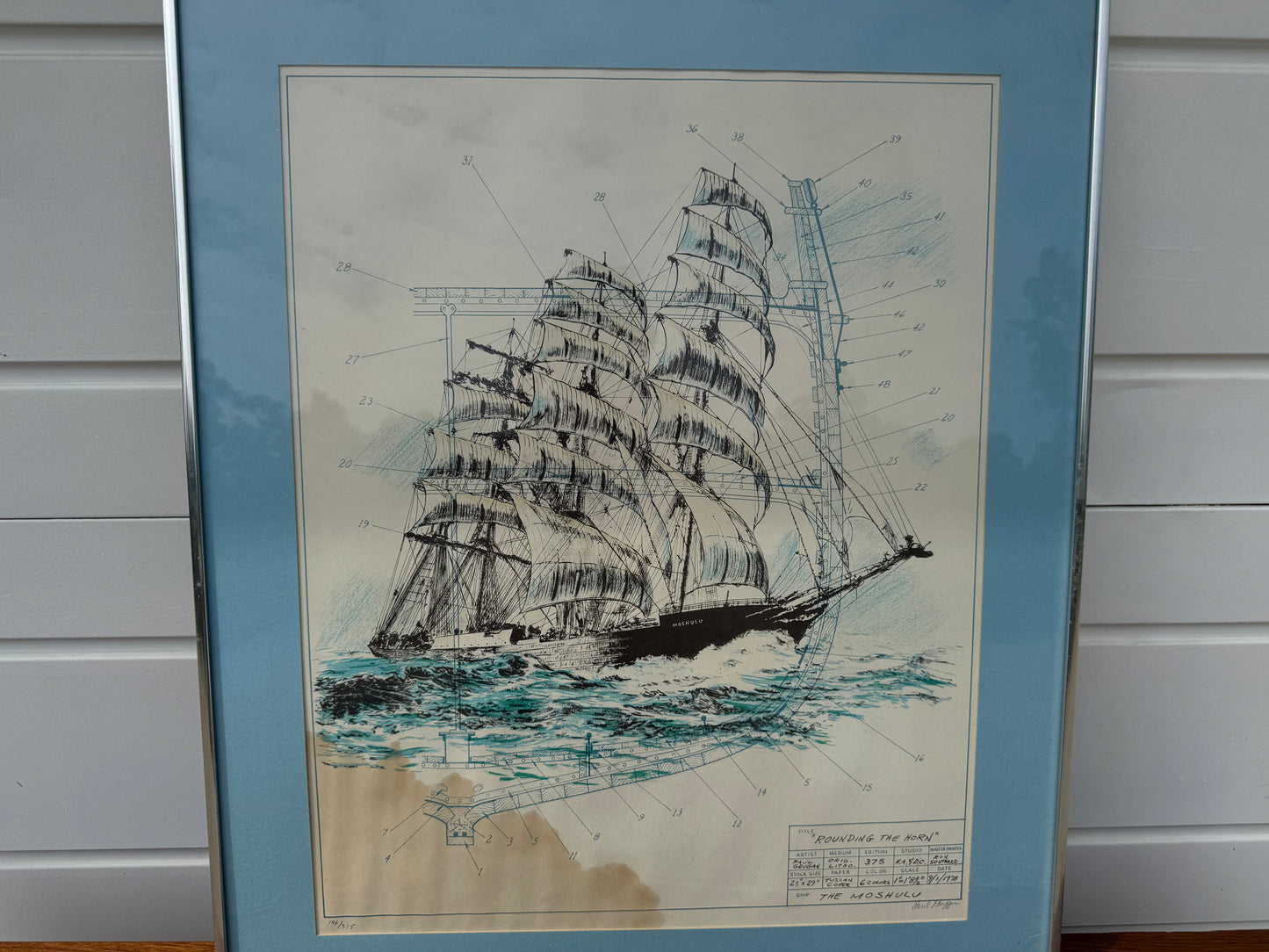 Framed Ship Artwork with Blueprint Detailing (32” x 27.5”)