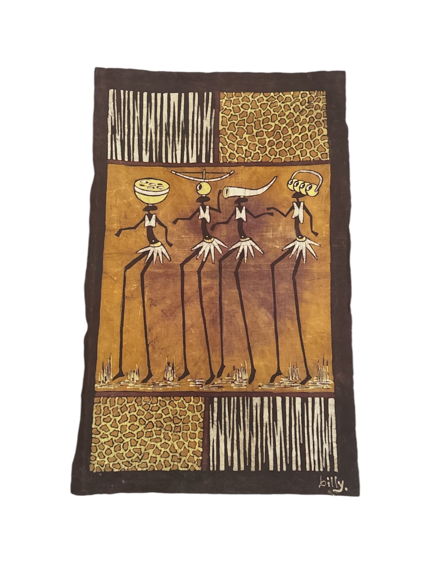 A rectangular tapestry with a geometric pattern featuring tribal figures in a desert landscape, predominantly in brown and beige tones with gold accents.