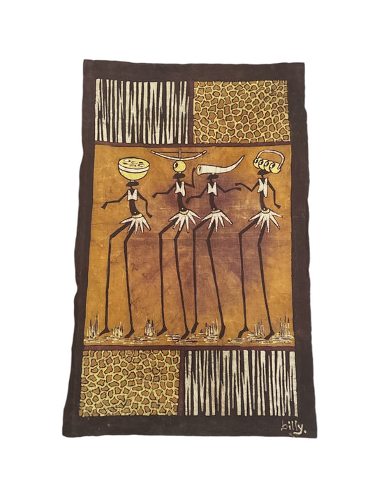 A rectangular tapestry with a geometric pattern featuring tribal figures in a desert landscape, predominantly in brown and beige tones with gold accents.