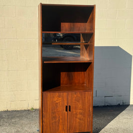 Midcentury Walnut Bookcase — Staggered Shelving & Cabinet Base