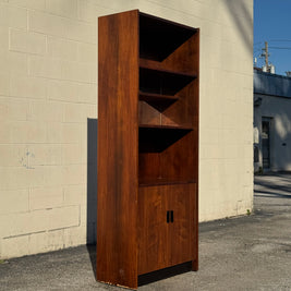 Midcentury Walnut Bookcase — Staggered Shelving & Cabinet Base