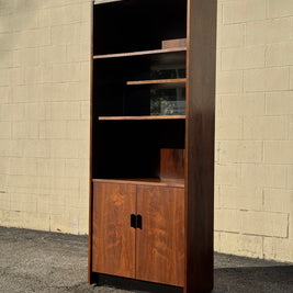 Midcentury Walnut Bookcase — Staggered Shelving & Cabinet Base