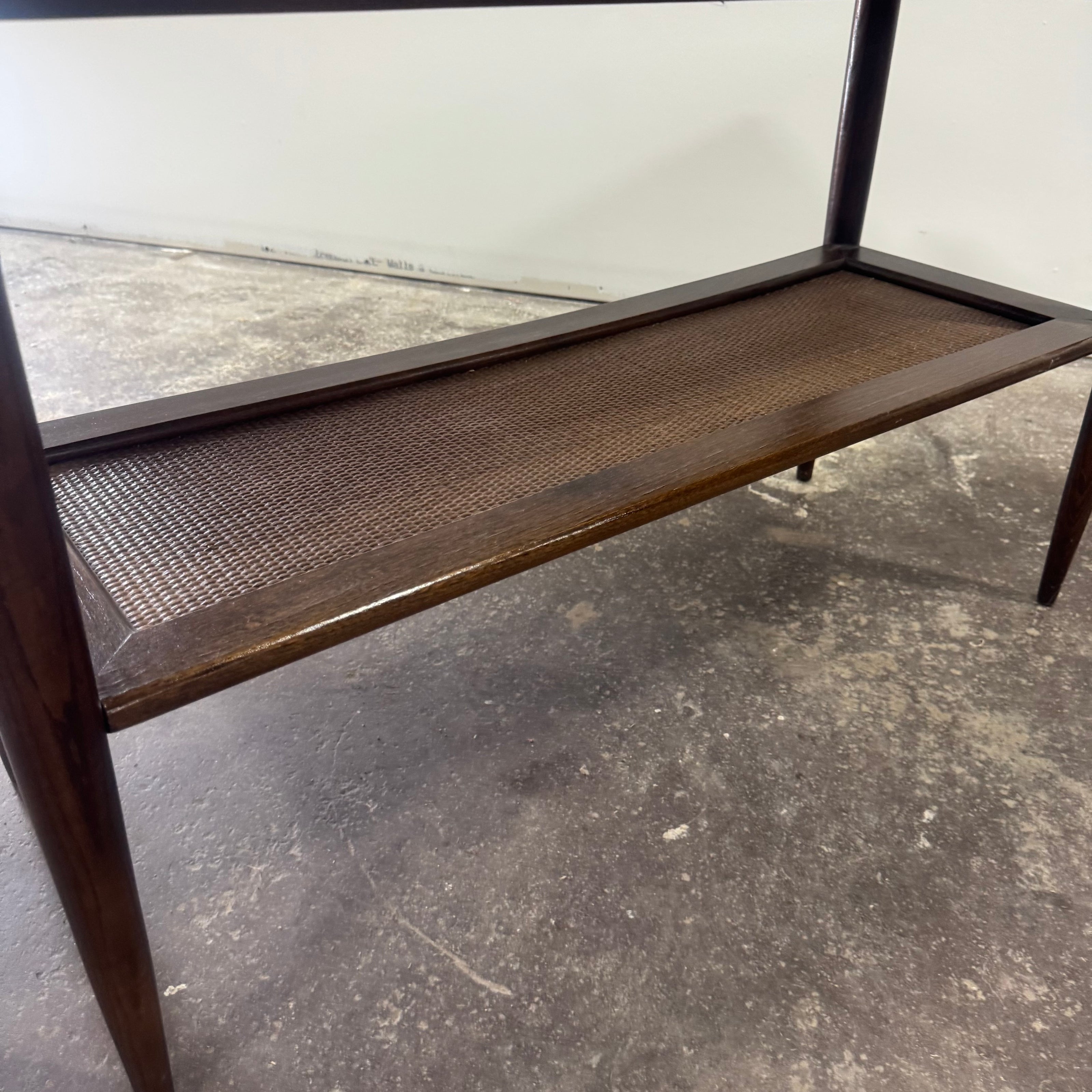 Bassett Walnut & Rattan Console Table — Professionally Refinished
