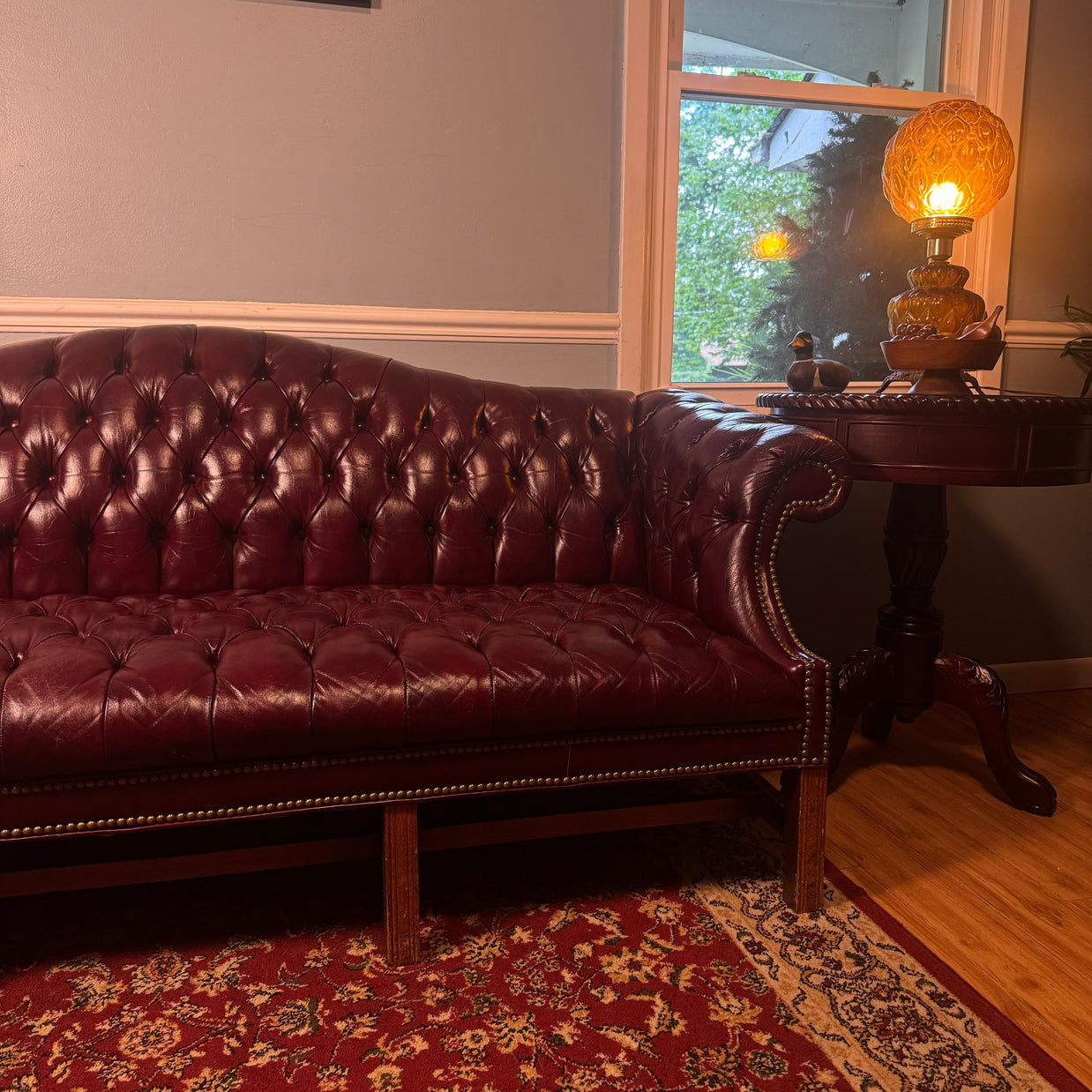 Leather Camelback Chesterfield Sofa — Brass Nailhead & Bun Feet