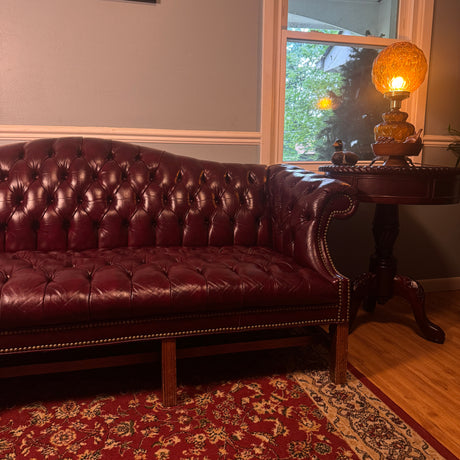 Leather Camelback Chesterfield Sofa — Brass Nailhead & Bun Feet