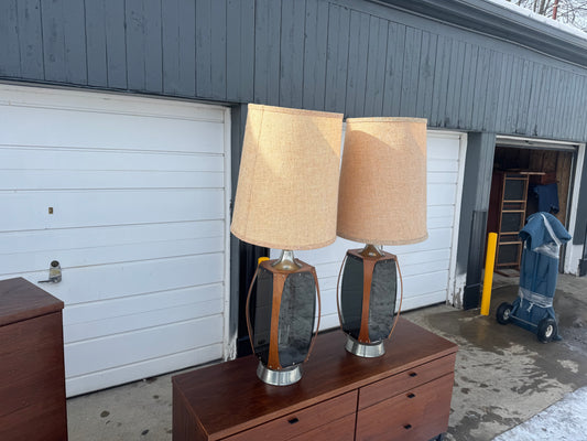 Vintage Midcentury Modern Lawrin Bent Walnut & Plexiglass Table Lamps ✨
