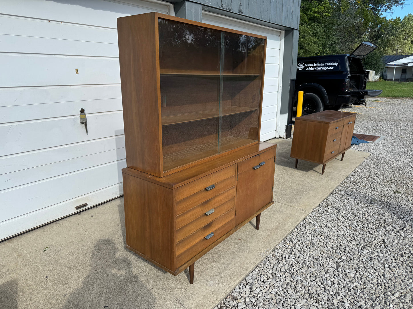 Midcentury Walnut Dining Set – Table, Chairs, Credenza & China Cabinet (Refinished Upon Sale))