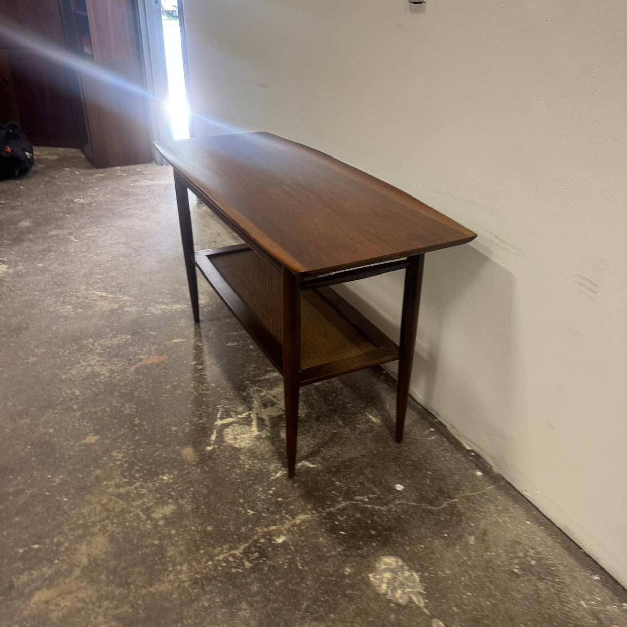 Bassett Walnut & Rattan Console Table — Professionally Refinished