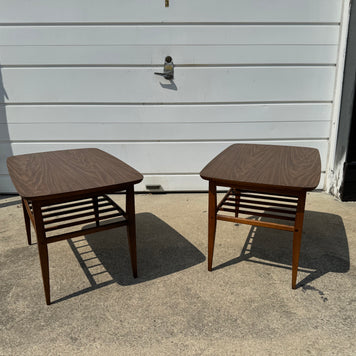 Lane Furniture Company – Pair of Formica Top End Tables with Spoked Bottom (30” L x 20” W x 19” T)