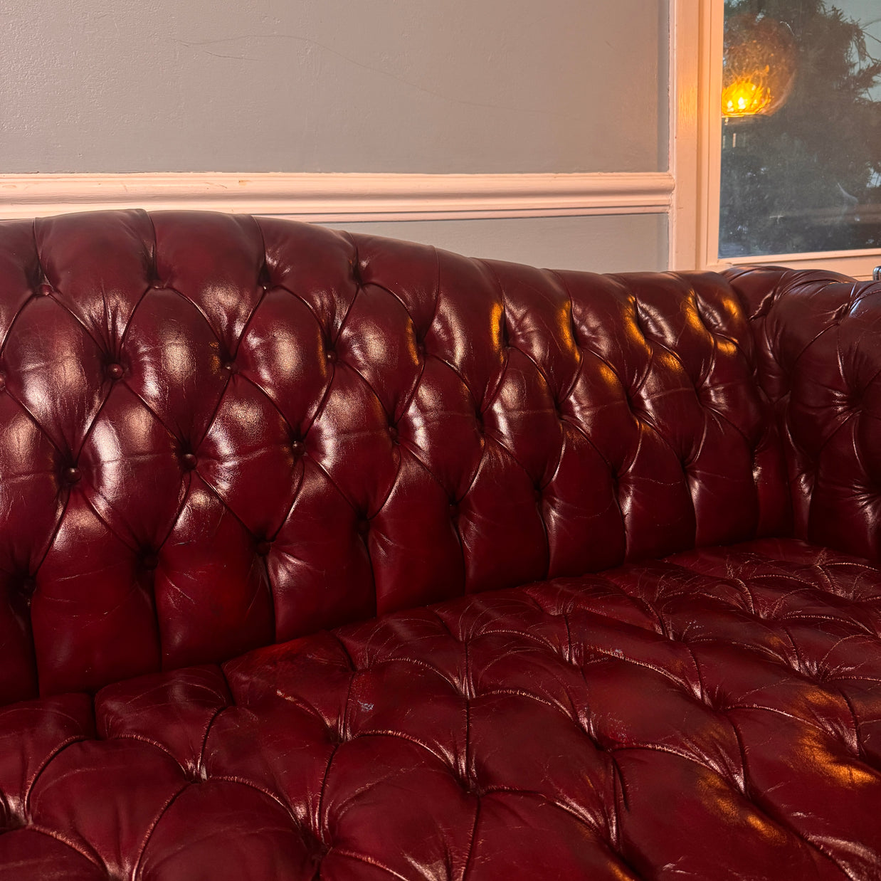 Leather Camelback Chesterfield Sofa — Brass Nailhead & Bun Feet