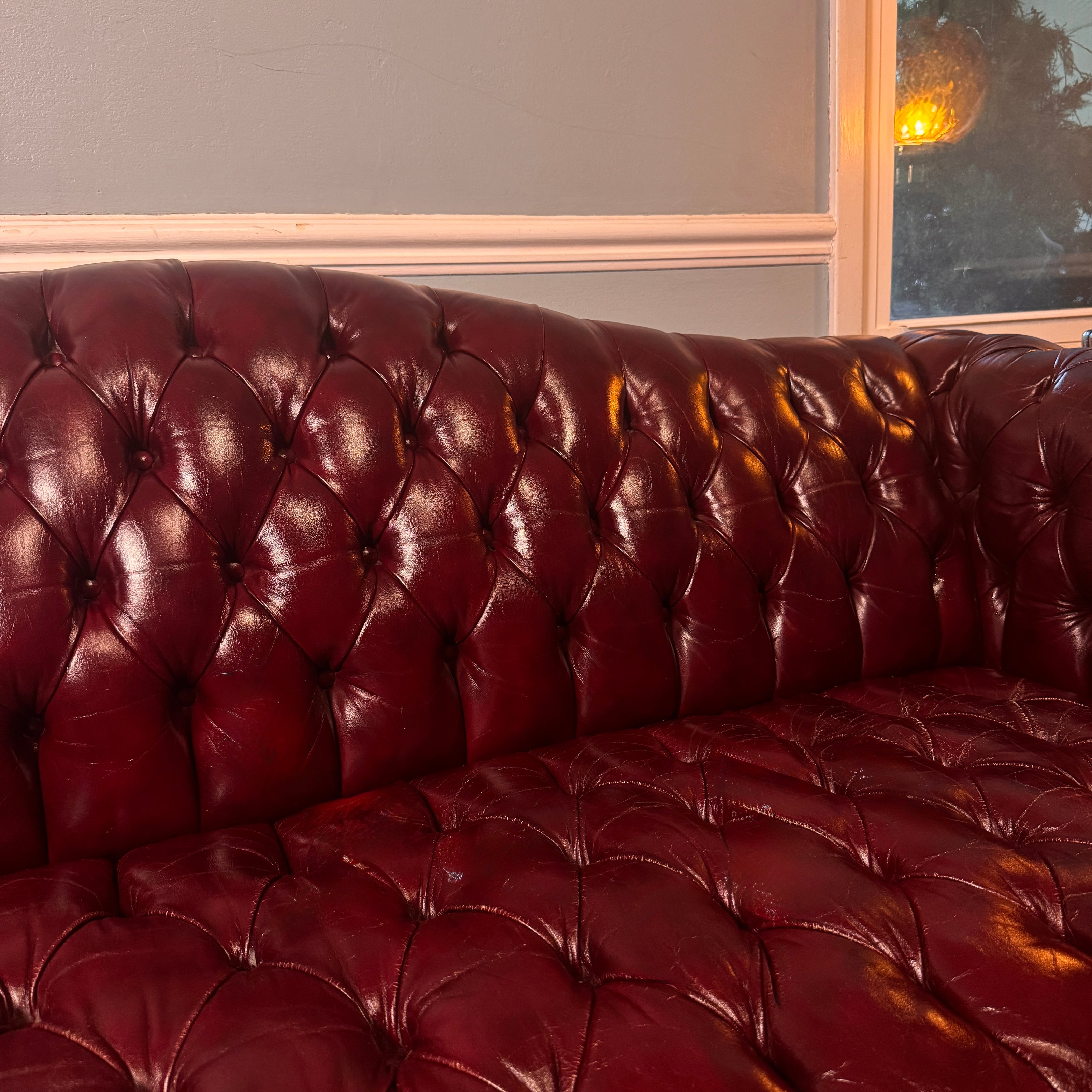 Leather Camelback Chesterfield Sofa — Brass Nailhead & Bun Feet