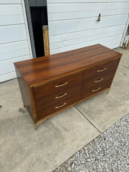 Midcentury Dresser Set - Six-Drawer Dresser and Highboy - Warm Amber Walnut Tone with Gold Legs and Hardware - Ohio Vintage
