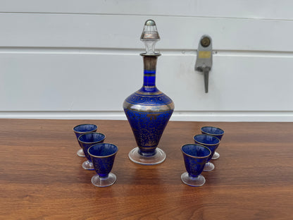 Vintage Blue Glass Decanter with Six Shot Glasses – Barware Set 🍸✨