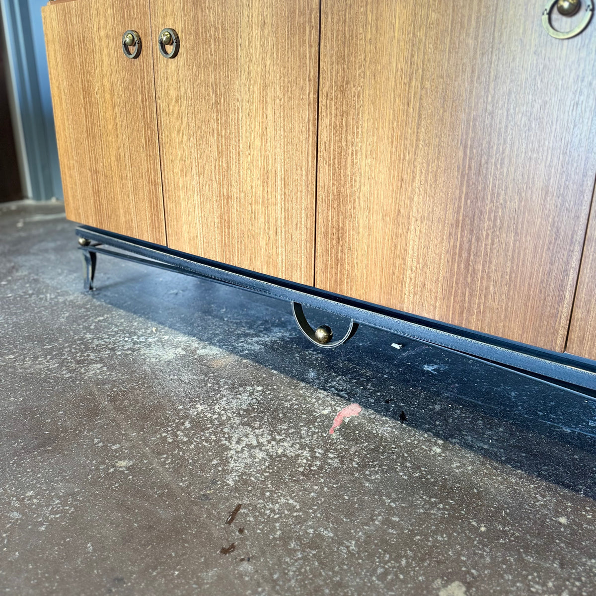 Vintage MCM Hollywood Regency Mahogany Credenza — Black Iron & Brass Base