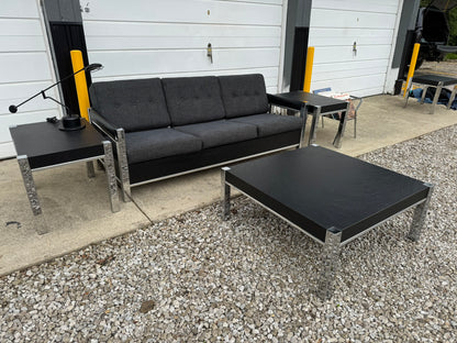 Black Midcentury Couch with Three Matching End Tables – Newly Upholstered