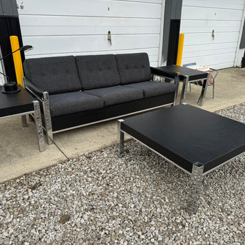 Black Midcentury Couch with Three Matching End Tables – Newly Upholstered