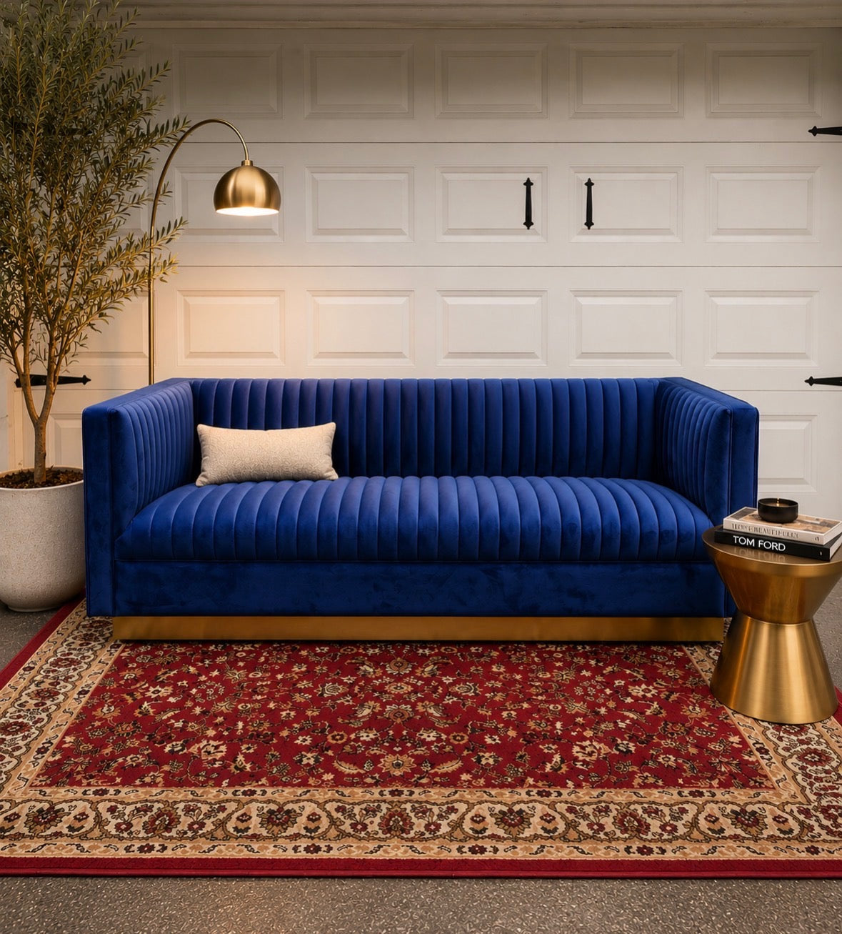 Art Deco Channel Tufted Velvet Sofa — Brass Plinth Base
