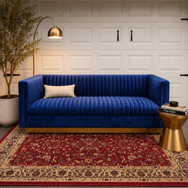 Art Deco Channel Tufted Velvet Sofa — Brass Plinth Base