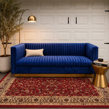 Art Deco Channel Tufted Velvet Sofa — Brass Plinth Base
