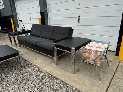 Black Midcentury Couch with Three Matching End Tables – Newly Upholstered