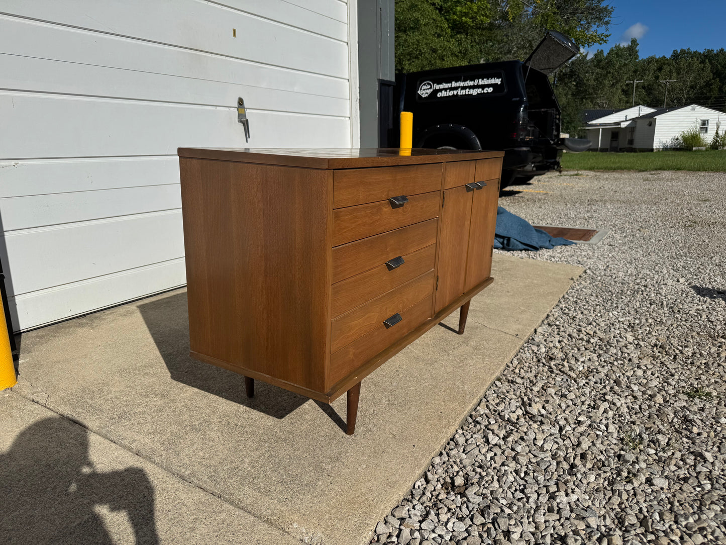 Midcentury Walnut Dining Set – Table, Chairs, Credenza & China Cabinet (Refinished Upon Sale))