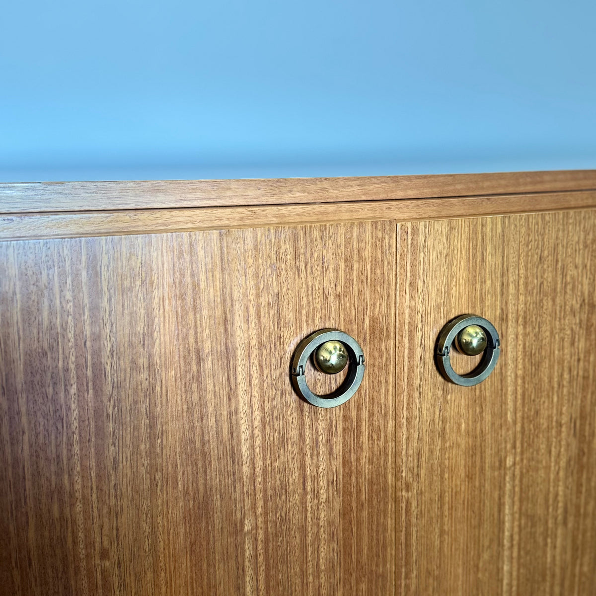 Vintage MCM Hollywood Regency Mahogany Credenza — Black Iron & Brass Base