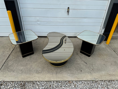 Retro Black & Gold Coffee Table with Mirror Top + Pair of Matching End Tables ✨