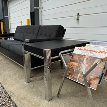 Black Midcentury Couch with Three Matching End Tables – Newly Upholstered