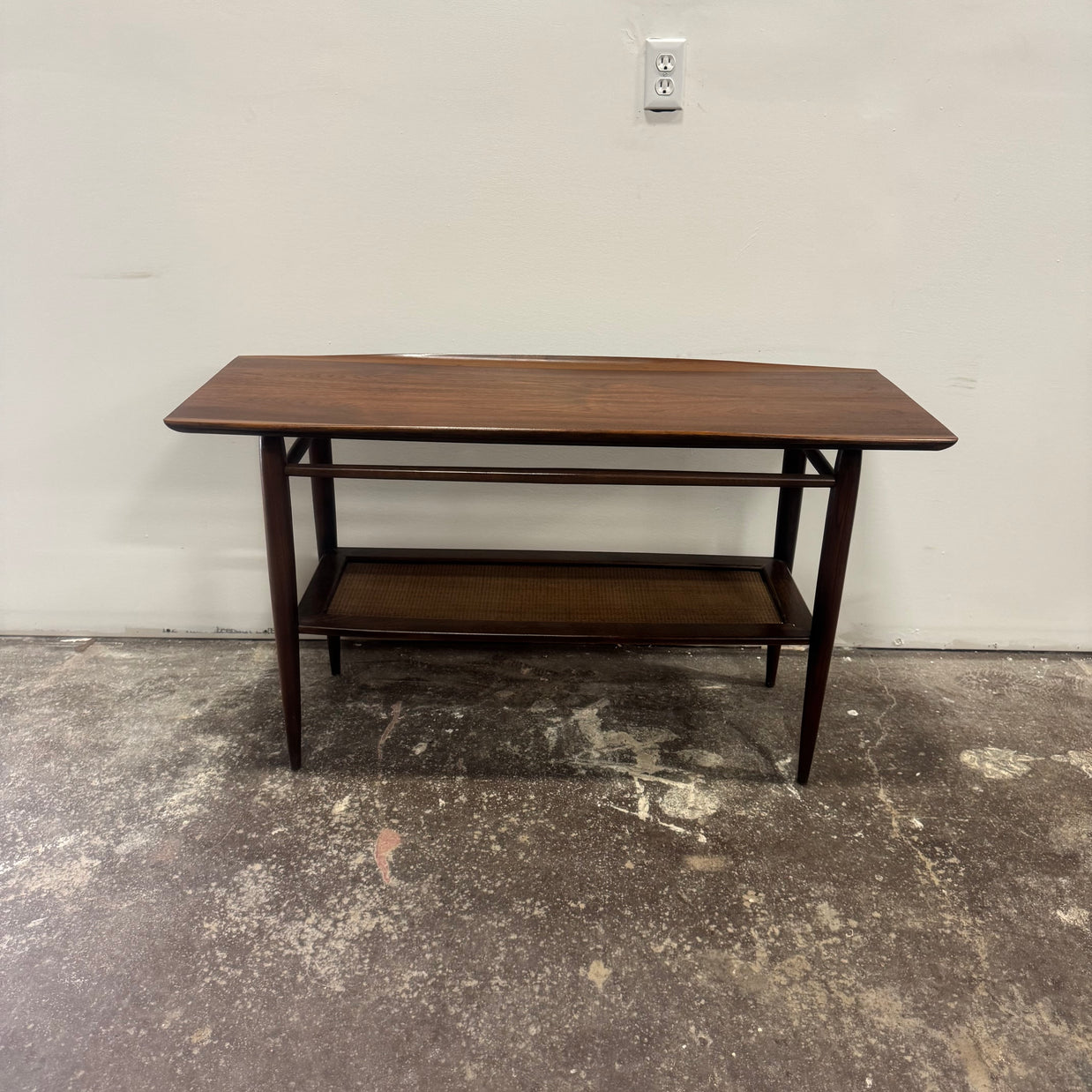 Bassett Walnut & Rattan Console Table — Professionally Refinished
