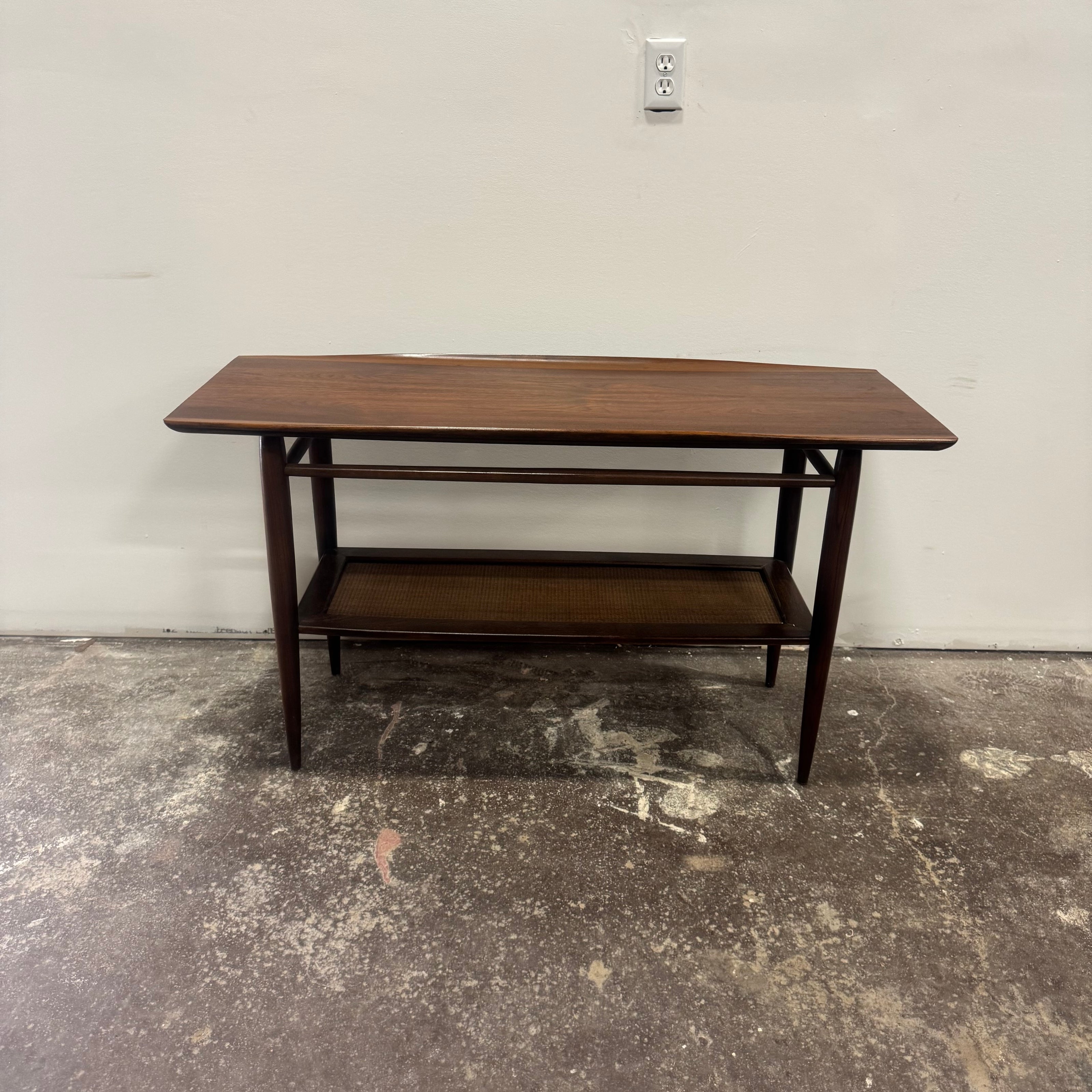 Bassett Walnut & Rattan Console Table — Professionally Refinished