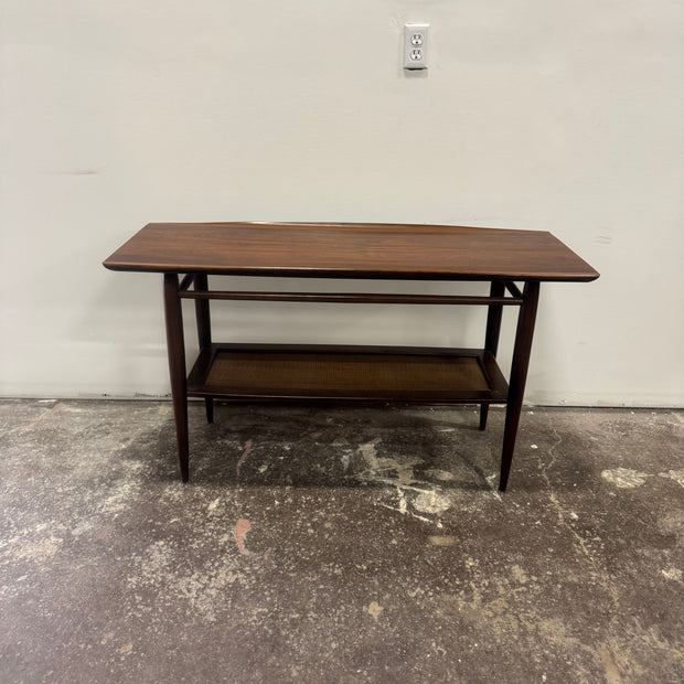 Bassett Walnut & Rattan Console Table — Professionally Refinished