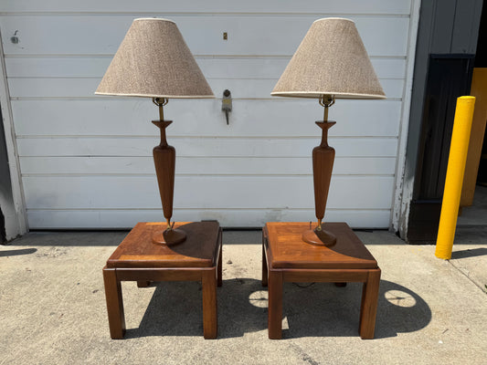 1960s Walnut Lamp Pair with Light Shades – 36” Tall ✨