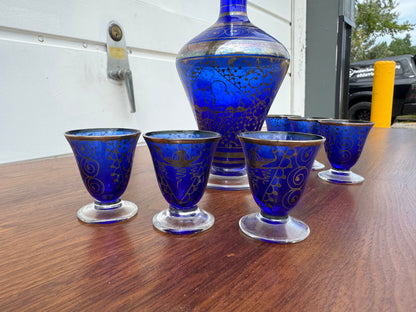 Vintage Blue Glass Decanter with Six Shot Glasses – Barware Set 🍸✨
