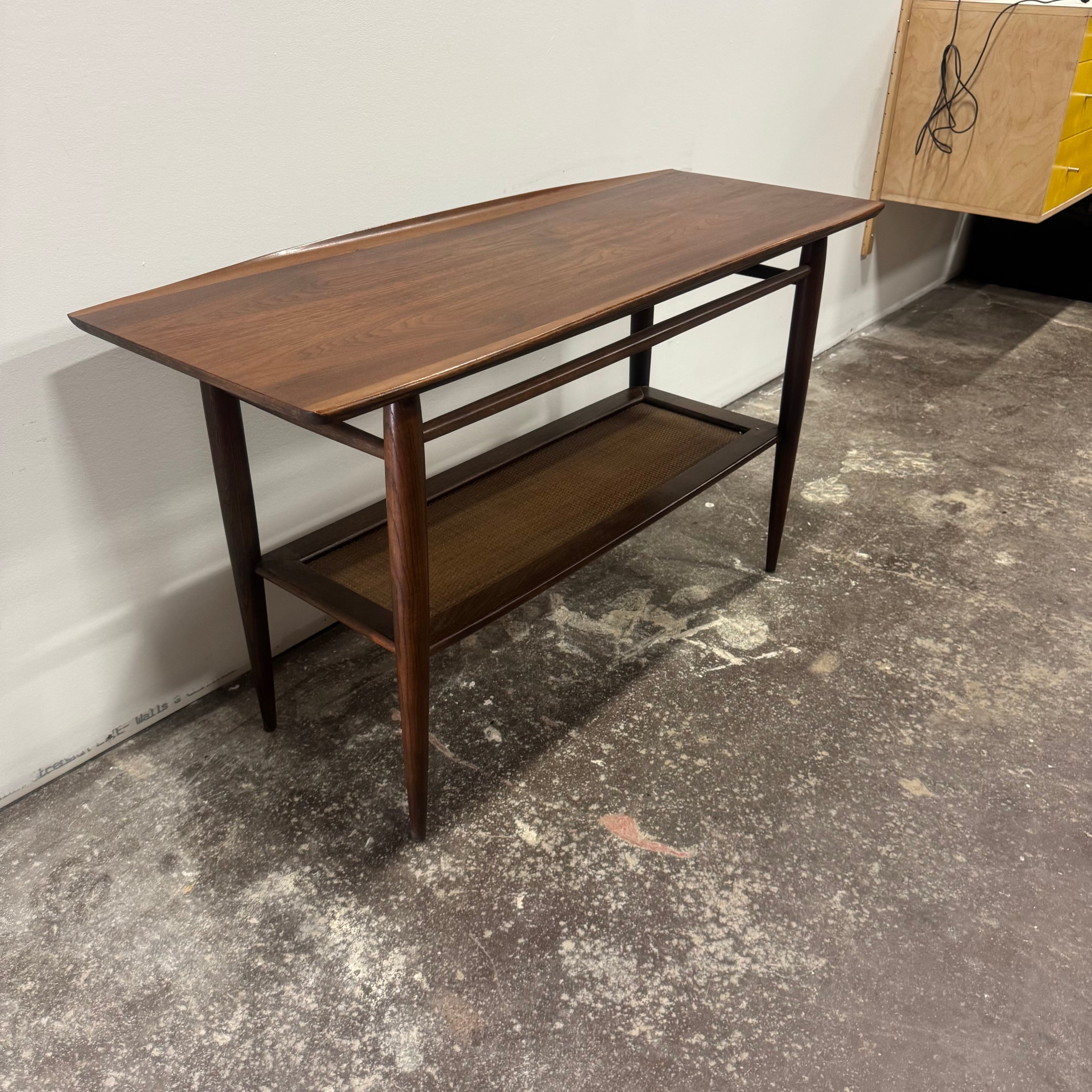 Bassett Walnut & Rattan Console Table — Professionally Refinished