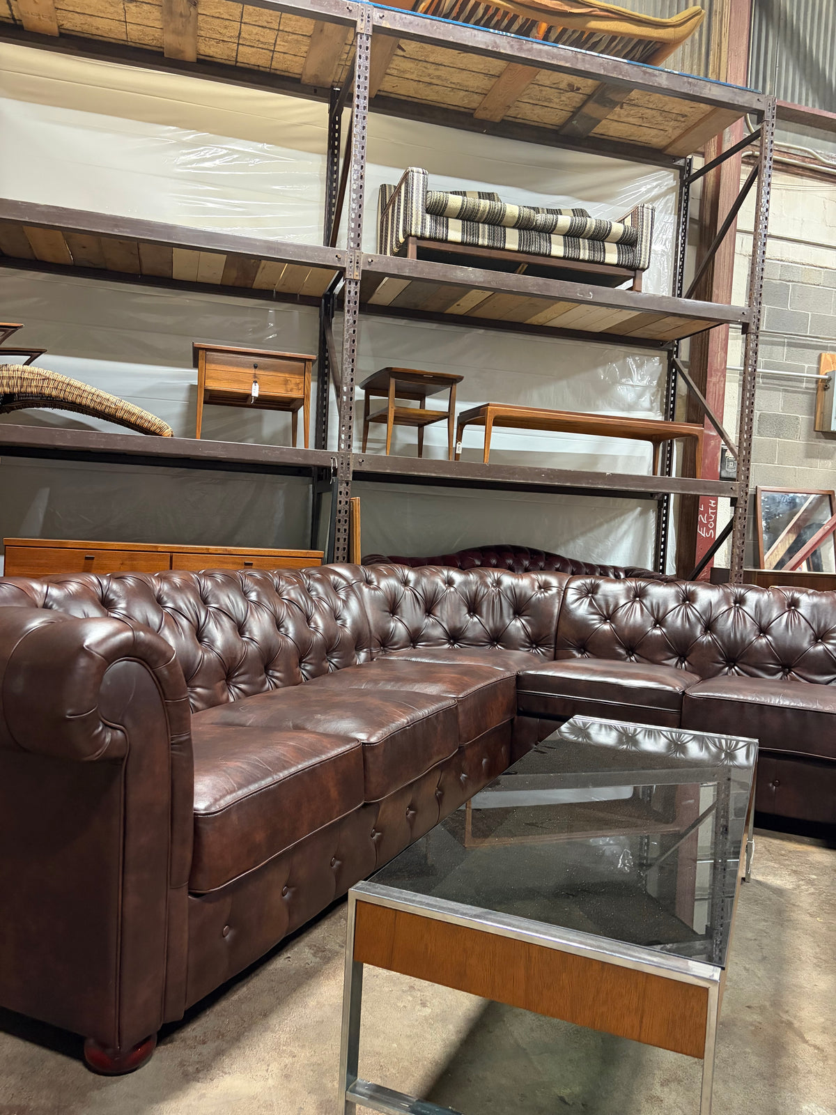 Oversized Brown Leather Chesterfield Modular Sectional Sofa