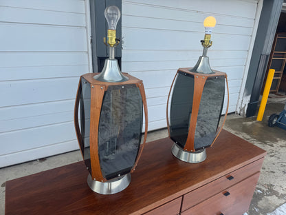 Vintage Midcentury Modern Lawrin Bent Walnut & Plexiglass Table Lamps ✨